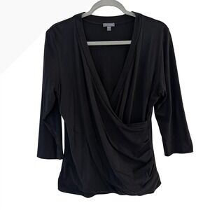 Lilla P Black 100% Pima Cotton Surplice Ruched Wrap Top 3/4 Sleeve Large